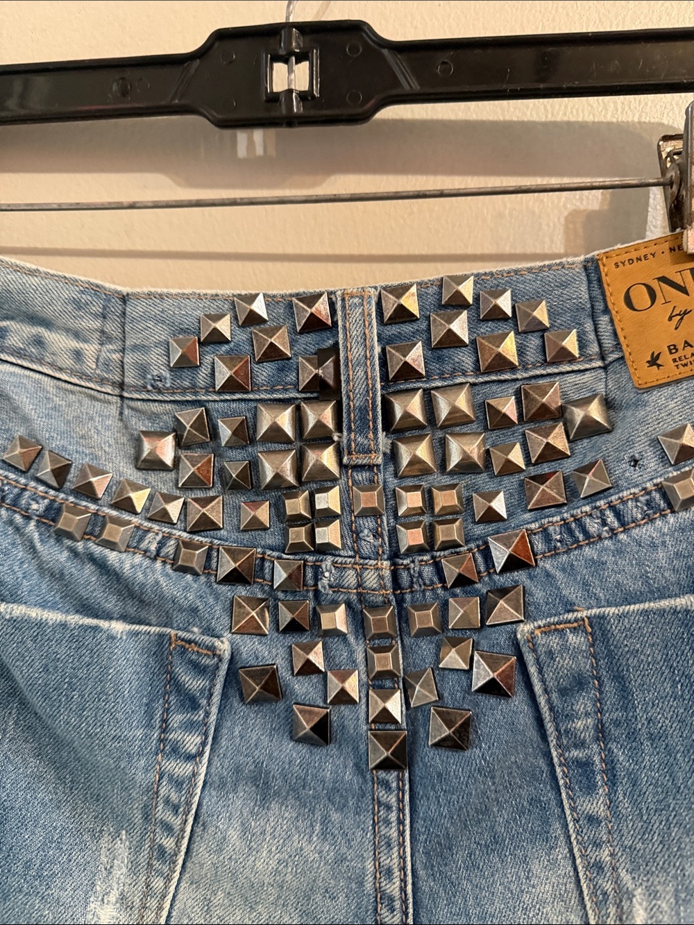 One Teaspoon Light Blue Studded Distressed Denim Shorts - Picture 3 of 6